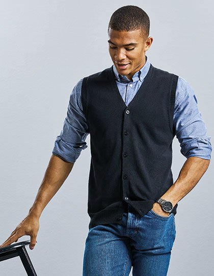 Mens V-Neck Sleeveless Knitted Cardigan | Russell Collection