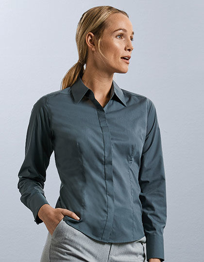 Ladies Long Sleeve Polycotton Fitted Poplin Shirt | Russell Collection
